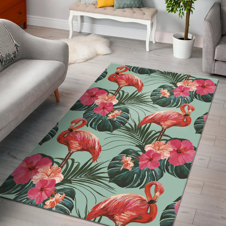 Beautiful Flamingo Tropical Palm Leaves Hibiscus Pateern Background Area Rug