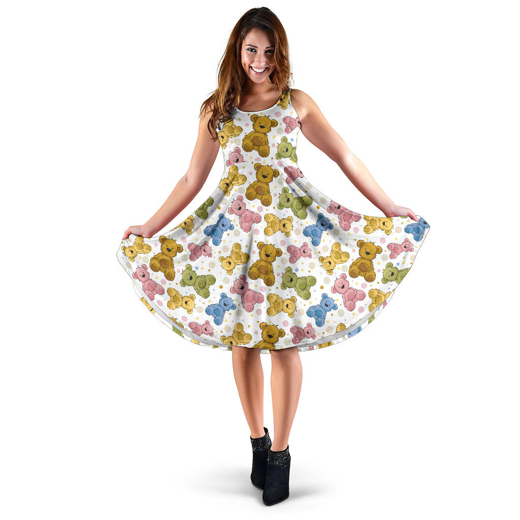 Teddy Bear Pattern Print Design 01 Sleeveless Midi Dress