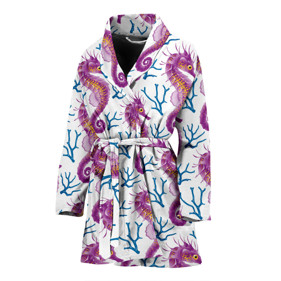 Purple Seahorse Blue Coral Pattern Women'S Bathrobe