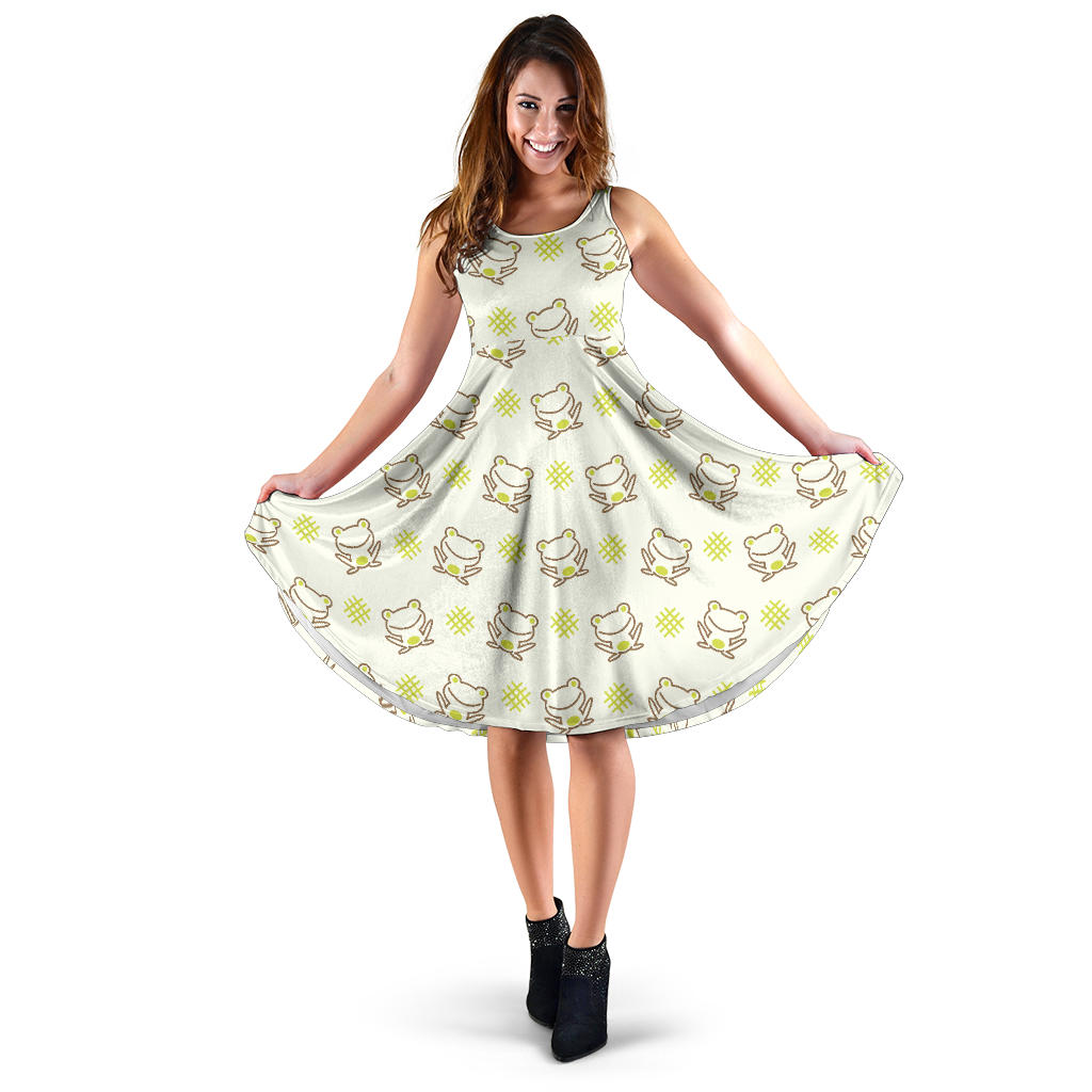 Cute Cartoon Frog Baby Pattern Sleeveless Midi Dress