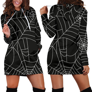 Spider Web Pattern Black Background White Cobweb Women'S Hoodie Dress