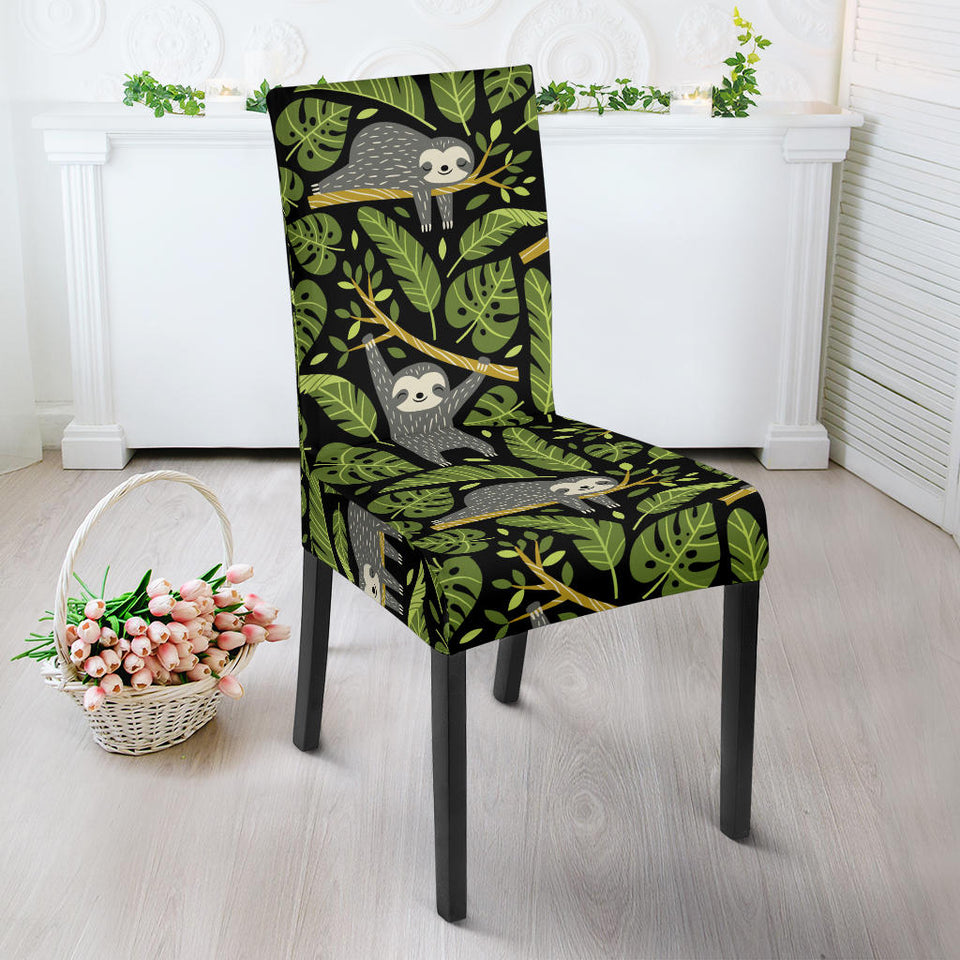 Cute Sloths Tropical Palm Leaves Black Background Dining Chair Slipcover