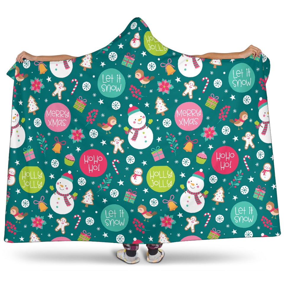 Snowman Bird Decorative Elements Christmas Pattern Hooded Blanket