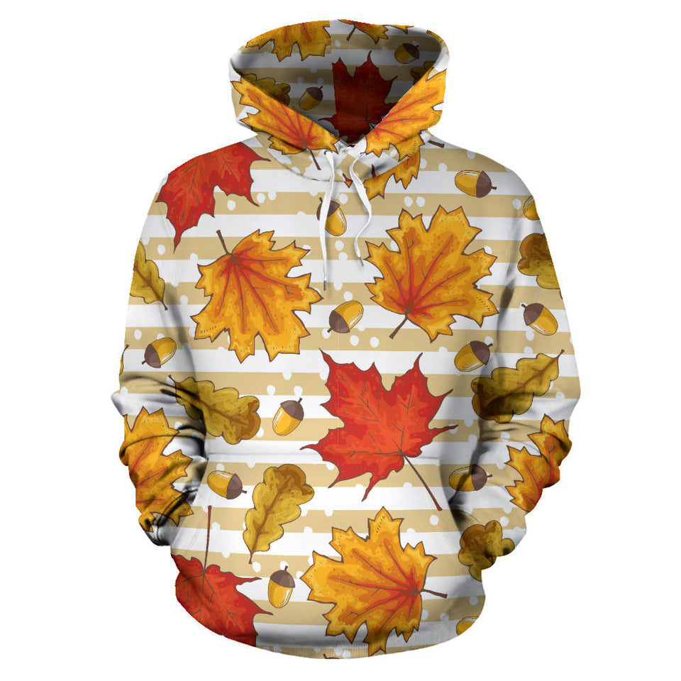 Maple Leaf Oak Leaf Acorns Beige Striped Background Men Women Pullover Hoodie