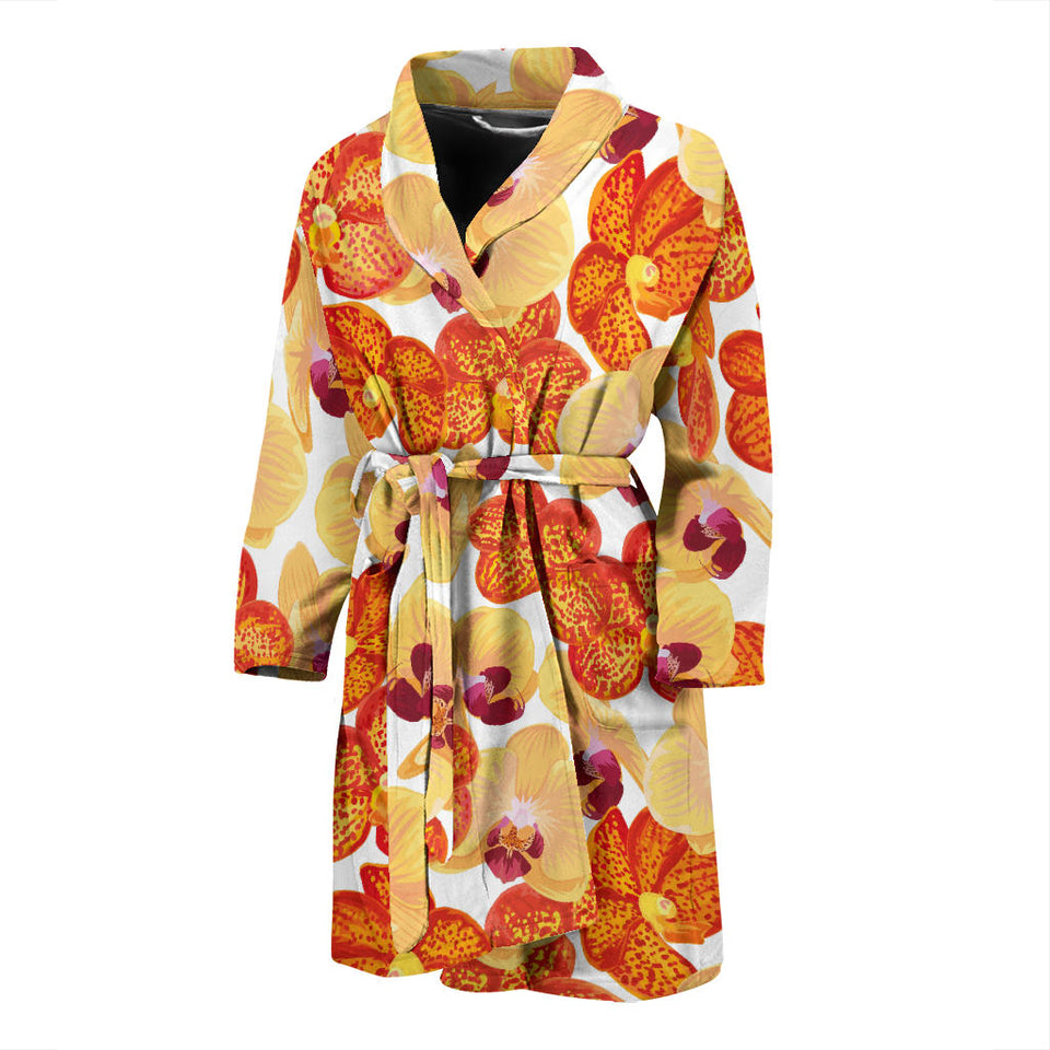 Orange Yellow Orchid Flower Pattern Background Men'S Bathrobe