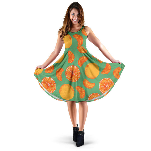Orange Fruit Pattern Green Background Sleeveless Midi Dress