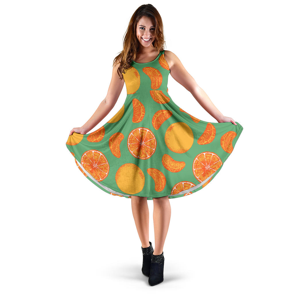 Orange Fruit Pattern Green Background Sleeveless Midi Dress