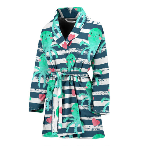 Cute Octopuses Heart Striped Background Women'S Bathrobe