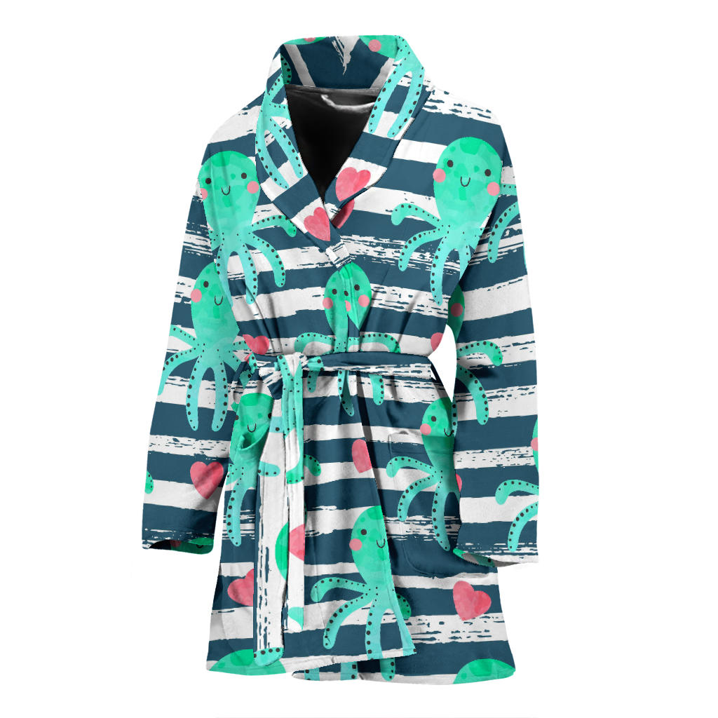 Cute Octopuses Heart Striped Background Women'S Bathrobe