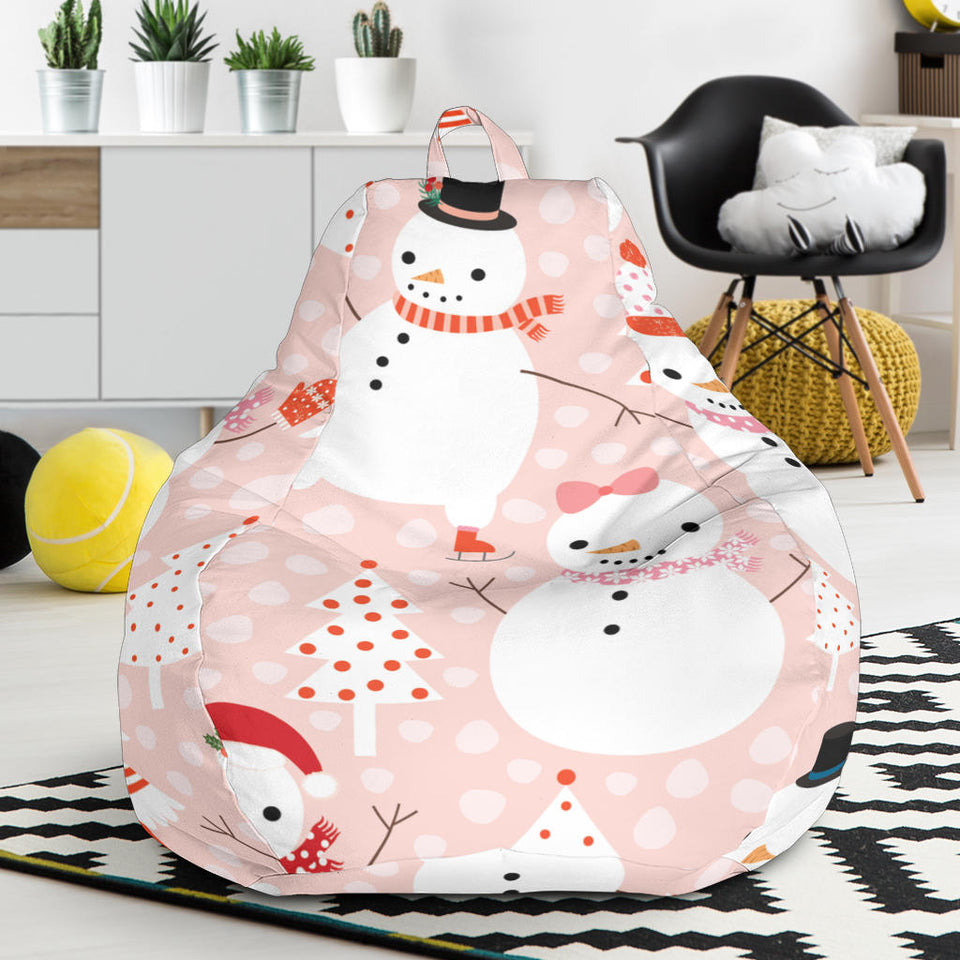 Cute Snowman Christmas Tree Snowpink Background Bean Bag Cover