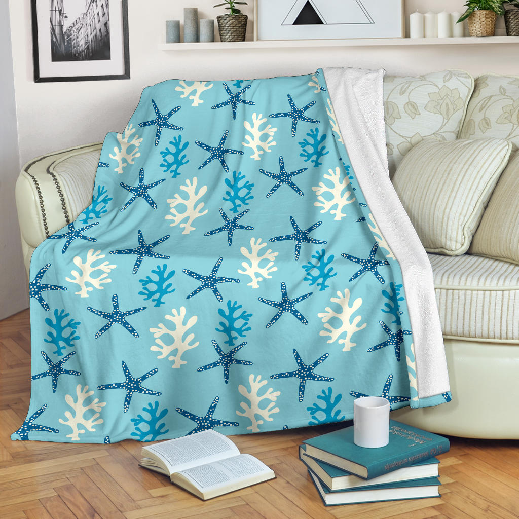 Blue Starfish Coral Reef Pattern Premium Blanket