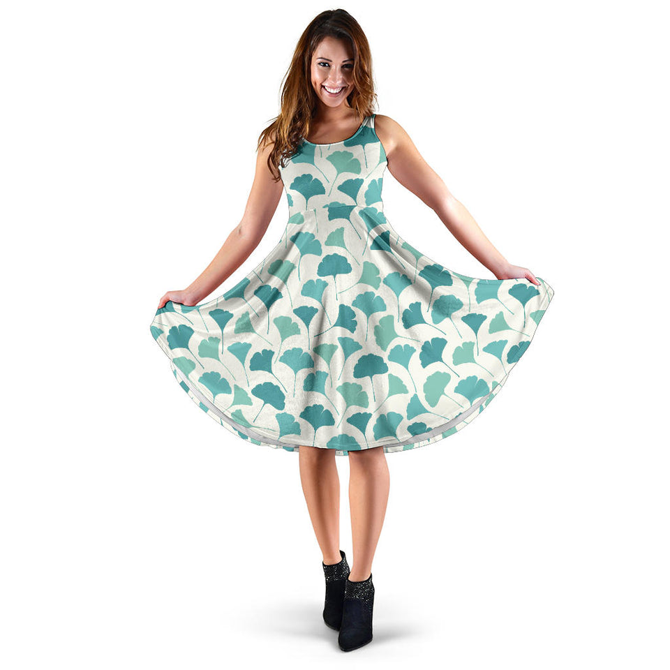 Green Ginkgo Leaves Pattern Sleeveless Midi Dress