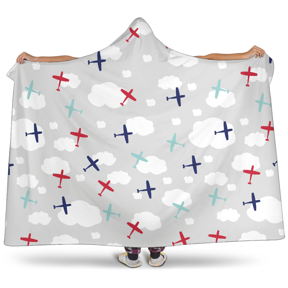 Airplane Cloud Grey Background Hooded Blanket