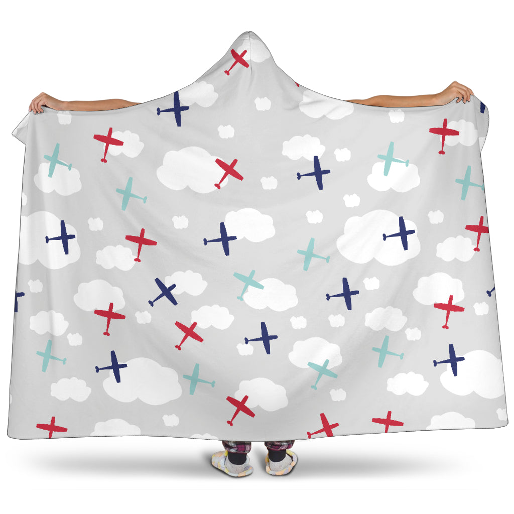 Airplane Cloud Grey Background Hooded Blanket