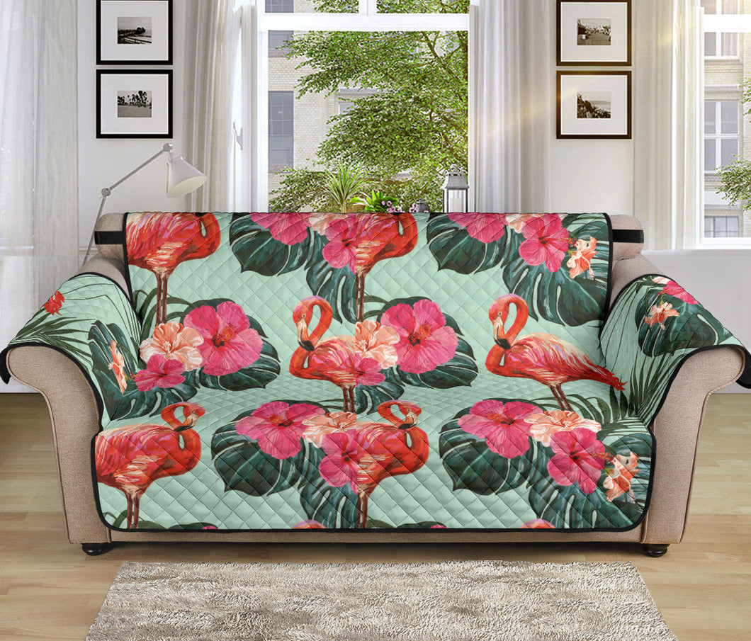 Beautiful flamingo tropical palm leaves hibiscus pateern background Sofa Cover Protector