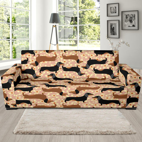 Dachshund Floral Background Sofa Slipcover