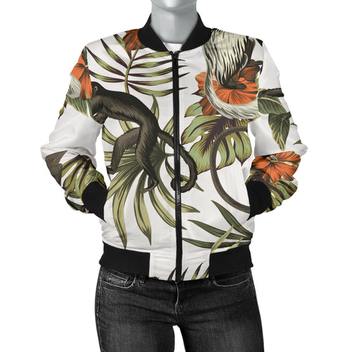Monkey Red Hibiscus Flower Palm Leaves Floral Pattern Women'S Bomber Jacket