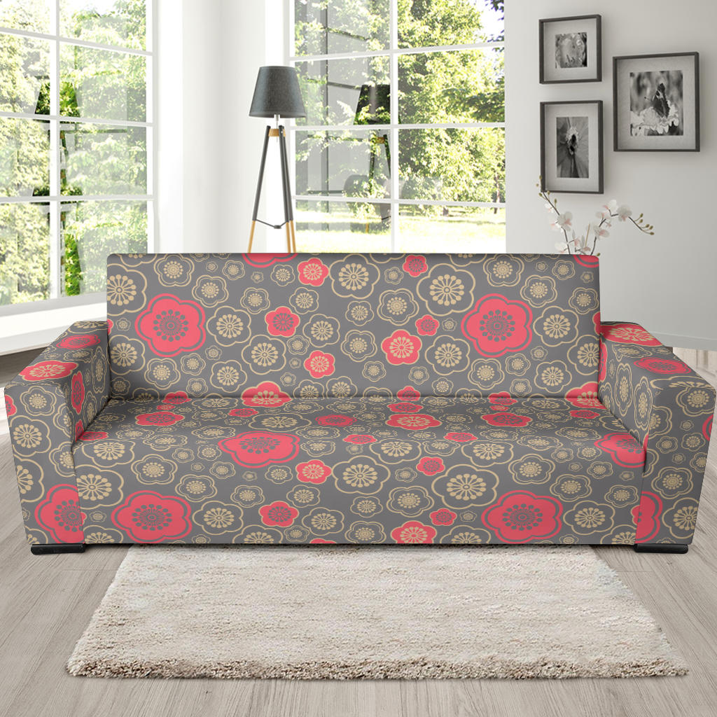 Red Gold Sakura Cherry Blossom Gray Background Sofa Slipcover