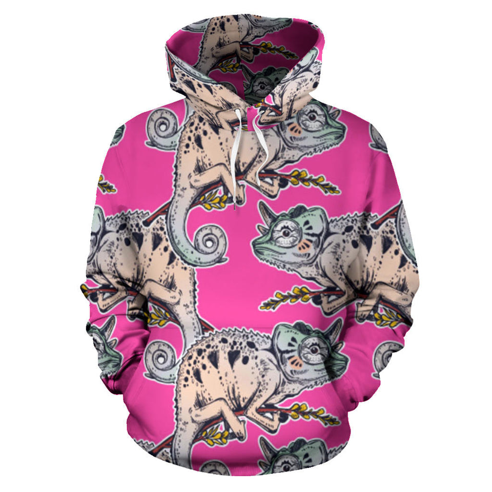Chameleon Lizard Pattern Pink Background Men Women Pullover Hoodie