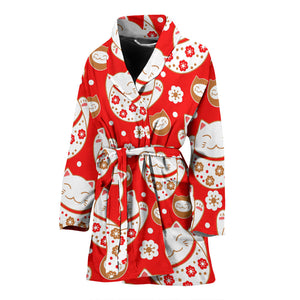 Cute Maneki Neko Lucky Cat Red Background Women'S Bathrobe