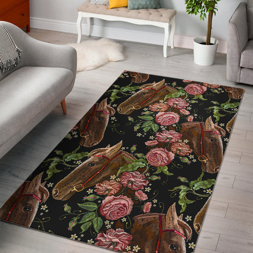Horse Head Wild Roses Pattern Area Rug