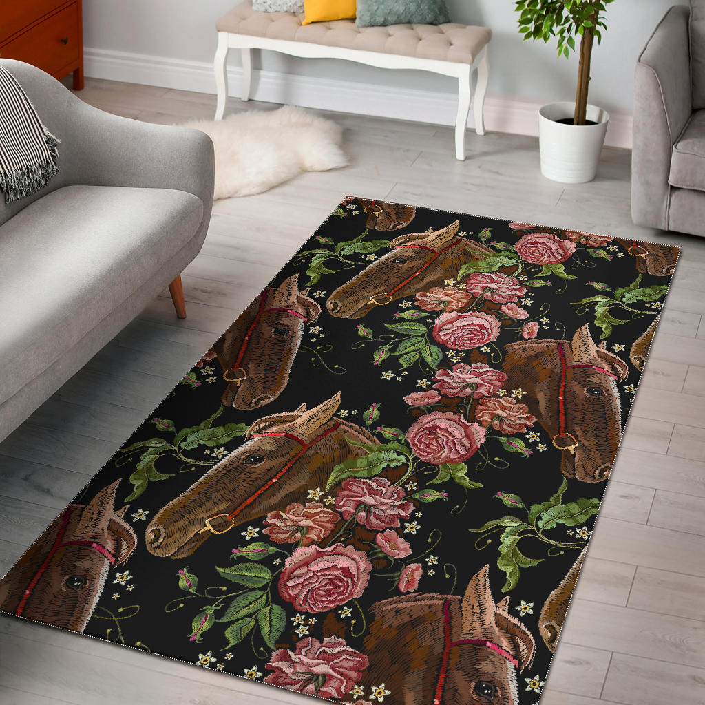 Horse Head Wild Roses Pattern Area Rug