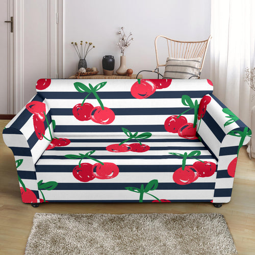 Hand Drawn Cherry Pattern Striped Background Loveseat Couch Slipcover