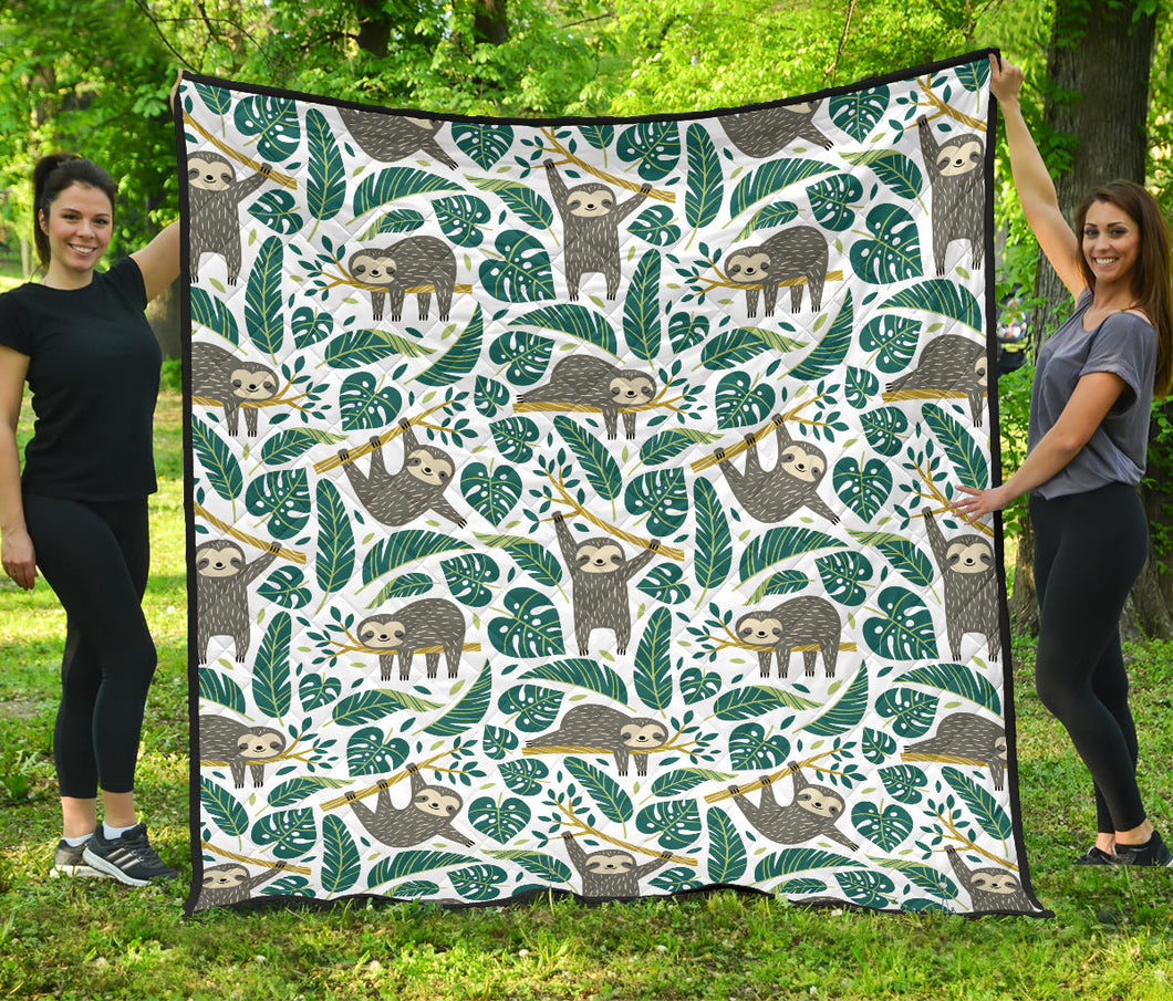 Cute Sloths Tropical Palm Leaves White Background Premium Quilt