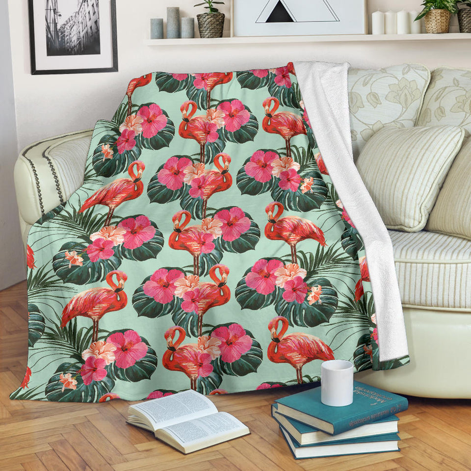 Beautiful Flamingo Tropical Palm Leaves Hibiscus Pateern Background Premium Blanket