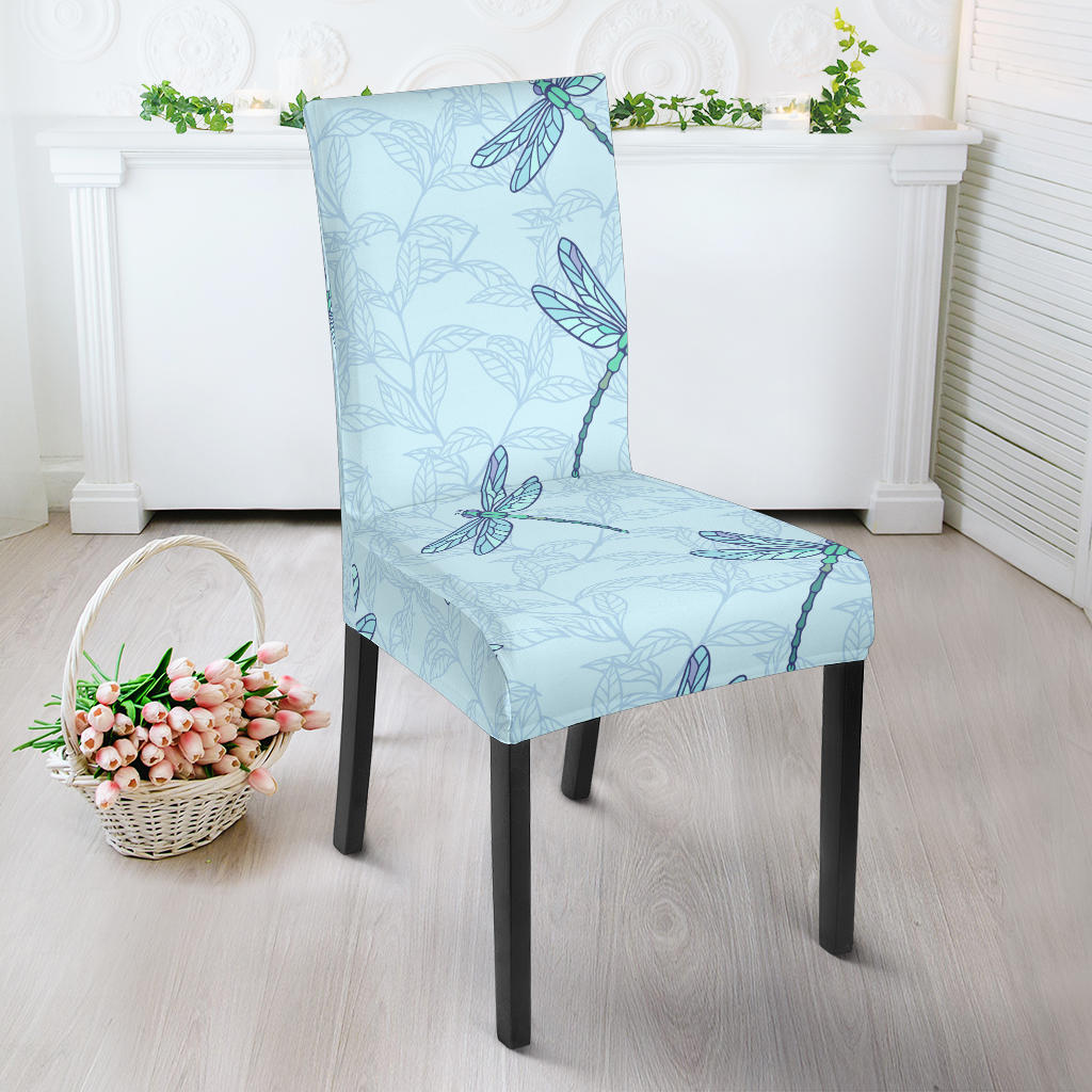 Dragonfly Pattern Blue Background Dining Chair Slipcover