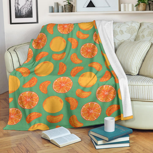 Orange Fruit Pattern Green Background Premium Blanket