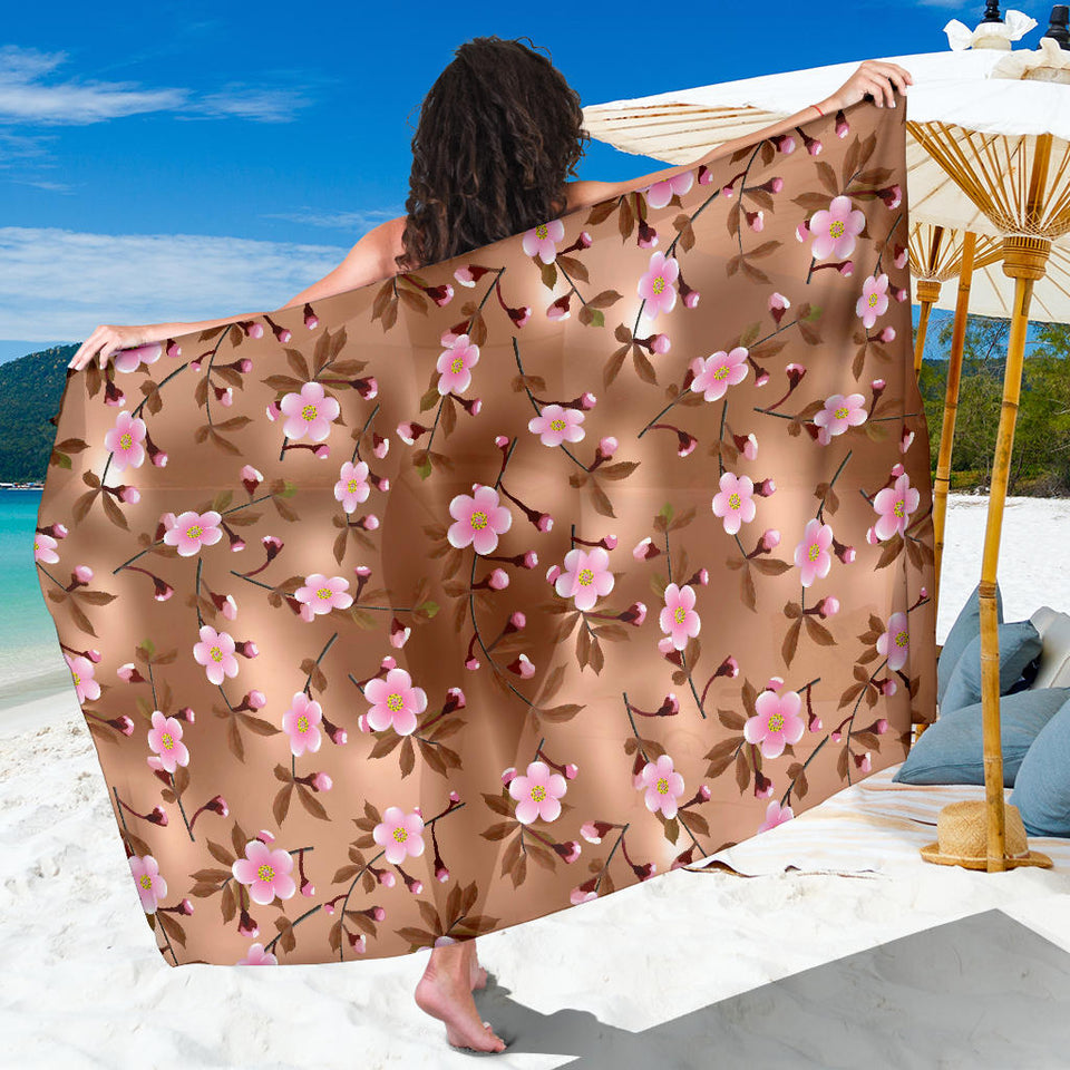 Pink Sakura Cherry Blossom Drak Brown Background Sarong