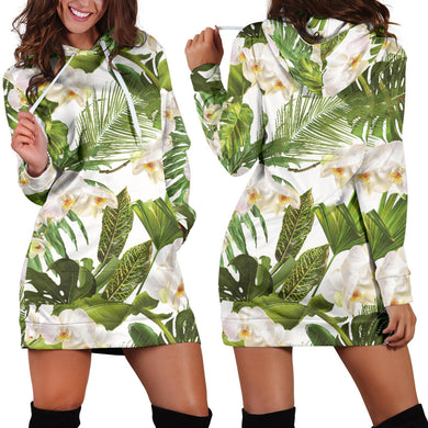 White Orchid Flower Tropical Leaves Pattern Women'S Hoodie Dress