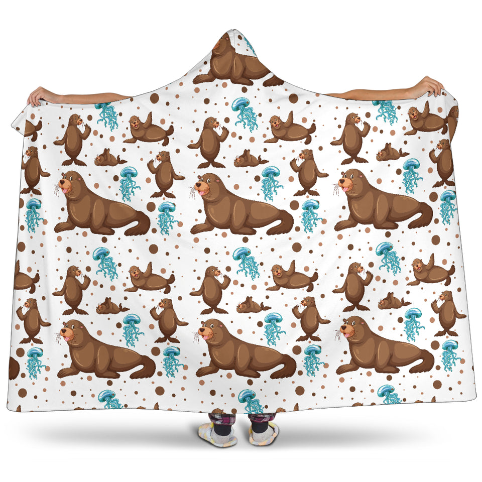 Sea Lion Seals Jellyfish Pattern Hooded Blanket