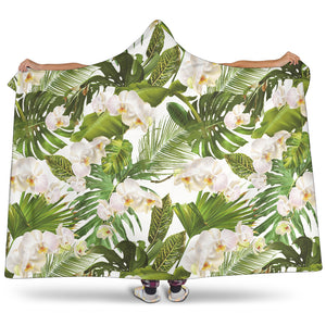 White Orchid Flower Tropical Leaves Pattern Hooded Blanket
