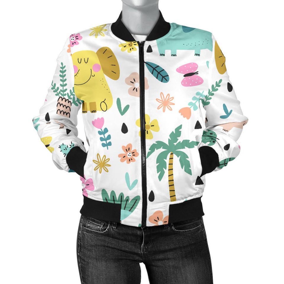 Cute Elephants Palm Tree Flower Butterfly Pattern Women'S Bomber Jacket