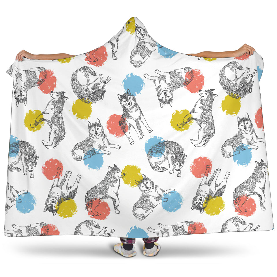 Siberian Husky And Colorful Circle Pattern Hooded Blanket