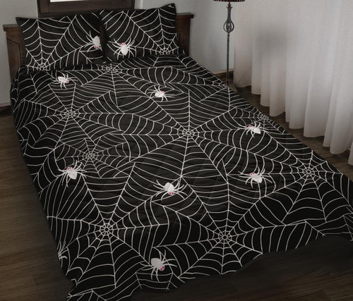 Spider web design pattern Black background white cobweb Quilt Bed Set