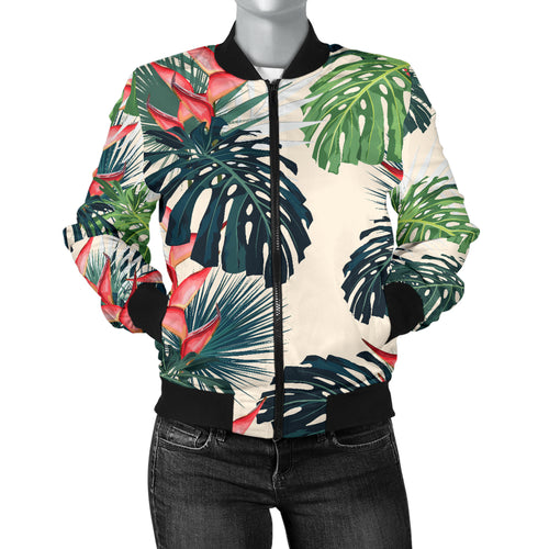 Heliconia Flowers, Palm And Monstera Leaves Women'S Bomber Jacket