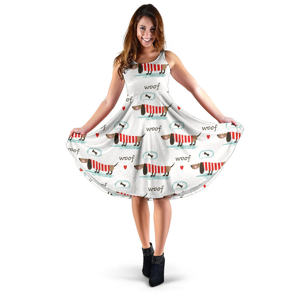 Cute Dachshund Bone Pattern Sleeveless Midi Dress