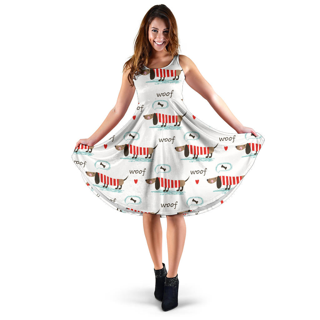 Cute Dachshund Bone Pattern Sleeveless Midi Dress