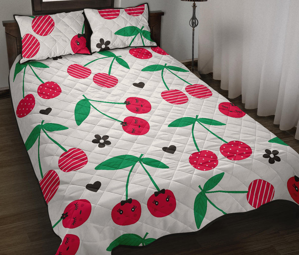 cherry pattern white background Quilt Bed Set