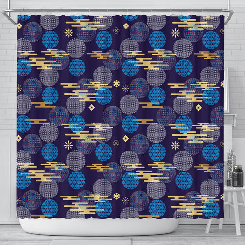 Blue Japanese Pattern Cloud Wave Flower Shower Curtain Fulfilled In US