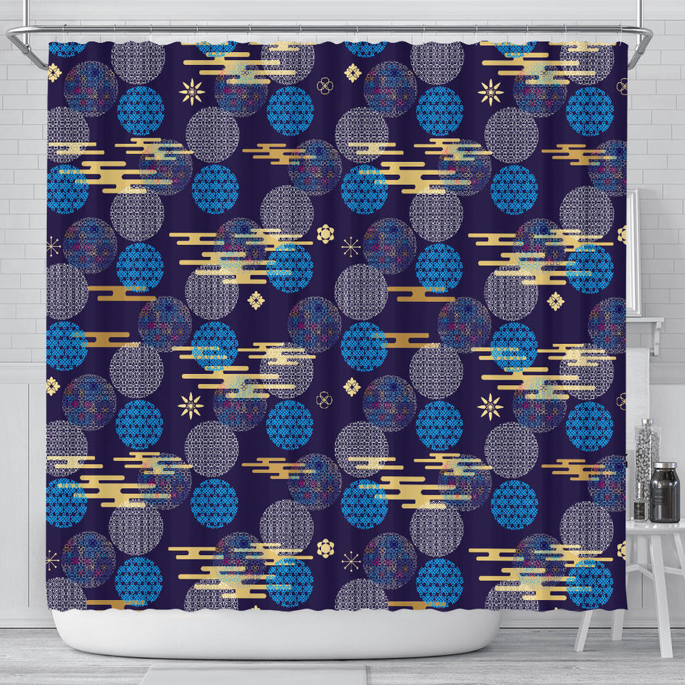 Blue Japanese Pattern Cloud Wave Flower Shower Curtain Fulfilled In US
