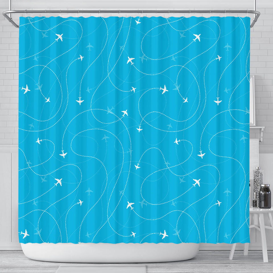 Airplane Destinations Blue Background Shower Curtain Fulfilled In US