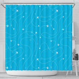 Airplane Destinations Blue Background Shower Curtain Fulfilled In US