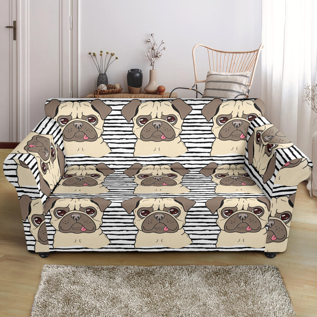 Happy Pug Pattern Loveseat Couch Slipcover