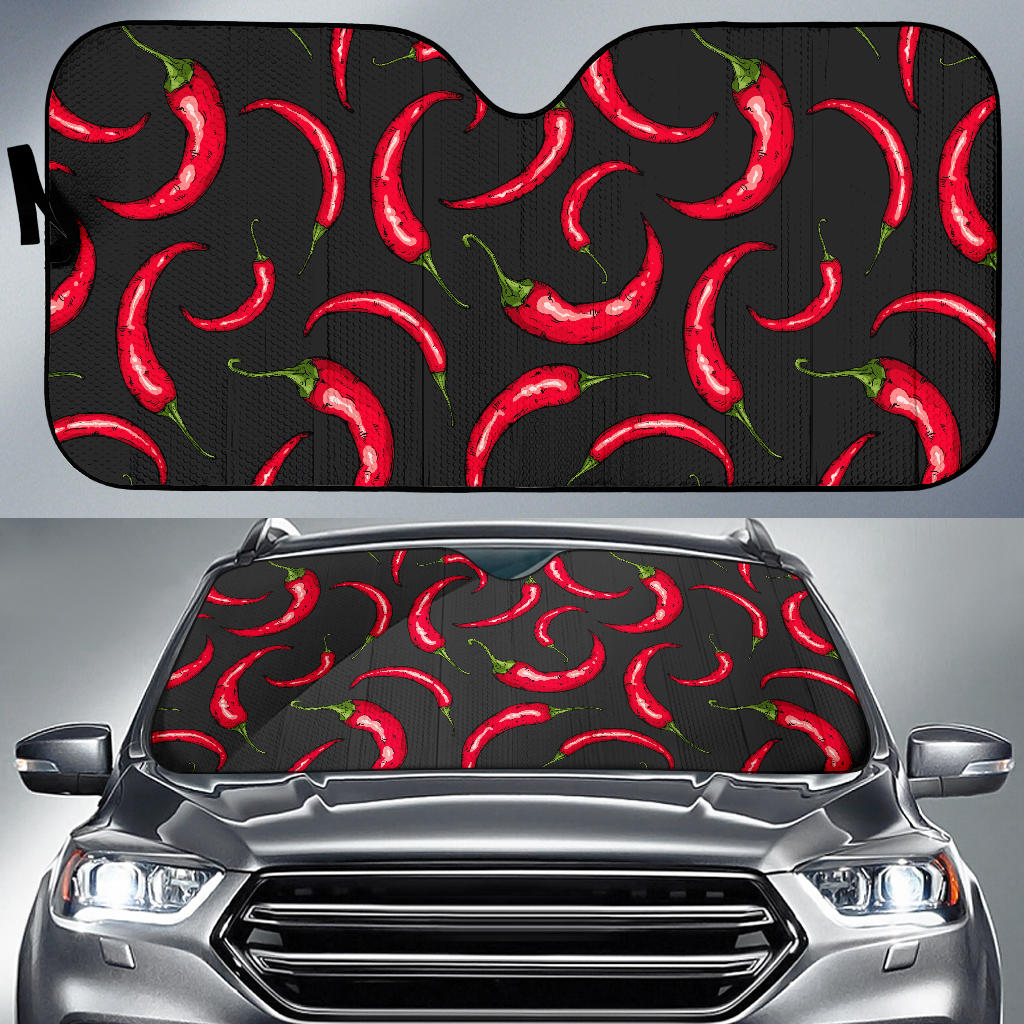 Chili Peppers Pattern Black Background Car Sun Shade
