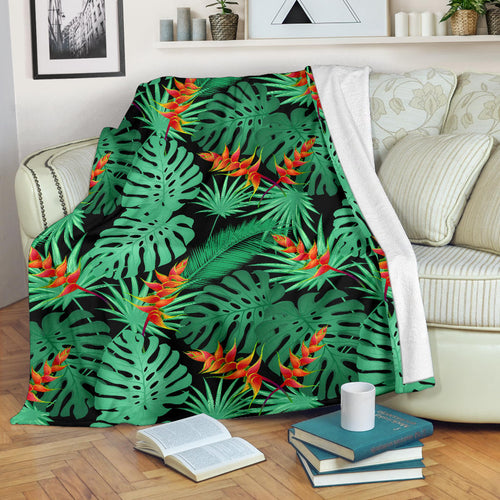 Heliconia Flower Palm Monstera Leaves Black Background Premium Blanket
