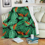 Heliconia Flower Palm Monstera Leaves Black Background Premium Blanket